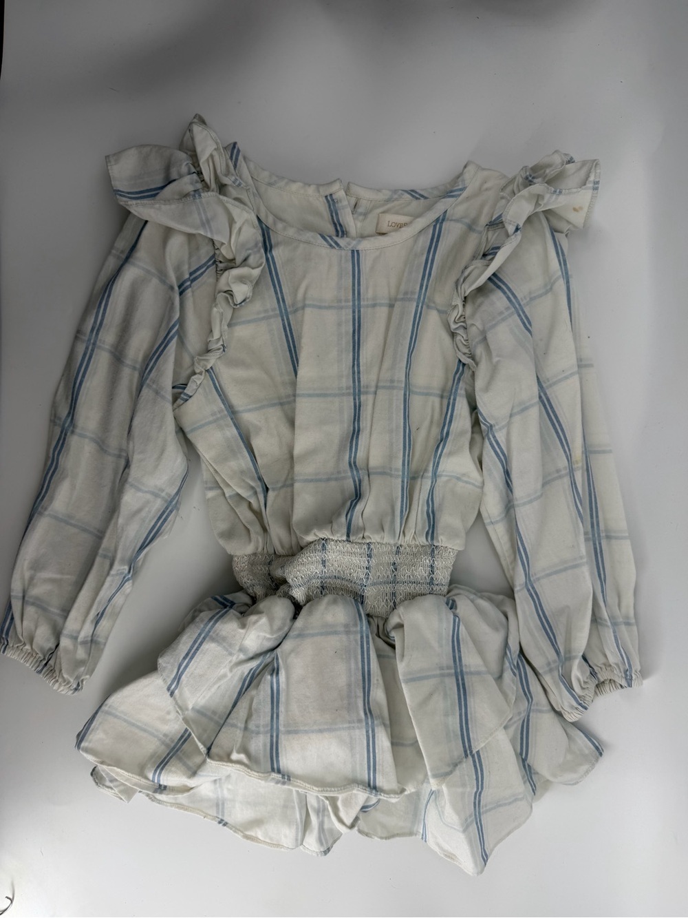 LoveShackFancy Girls Blue White Plaid Ruffle Smocked Peplum Top